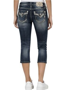 Miss Me Cropped Jeans Size 34 Mid Rise Distressed Embellished Flap Pockets